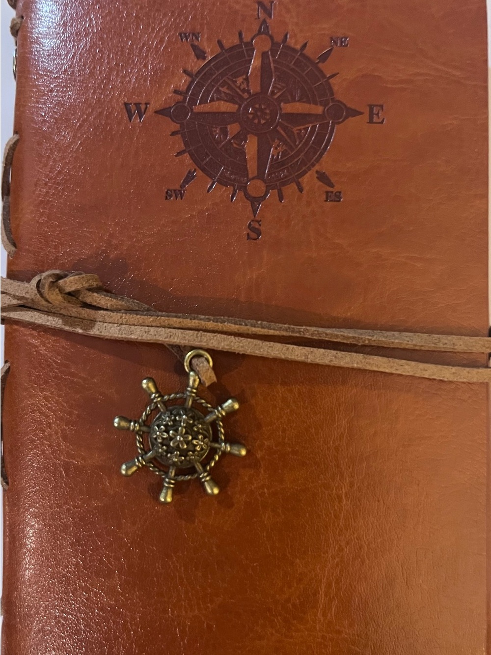 Compass Embossed 5” x 7” Leather Journal with Ship Wheel Charm - Brown